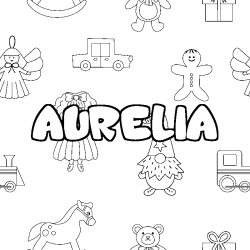 Coloriage pr&eacute;nom AURELIA - d&eacute;cor Jouets