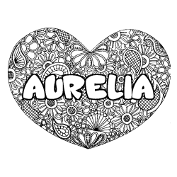 Coloriage prénom AURELIA - décor Mandala coeur