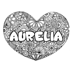 Coloriage prénom AURÉLIA - décor Mandala coeur