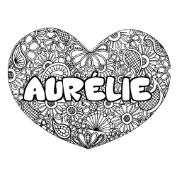 Coloriage prénom AURÉLIE - décor Mandala coeur