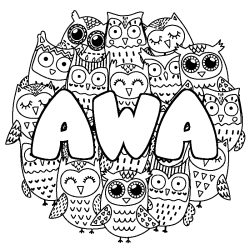 Coloriage prénom AWA - décor Chouettes