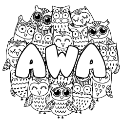 Coloriage pr&eacute;nom AWA - d&eacute;cor Chouettes