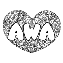 Coloriage pr&eacute;nom AWA - d&eacute;cor Mandala coeur