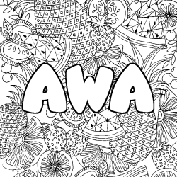 Coloriage pr&eacute;nom AWA - d&eacute;cor Mandala fruits