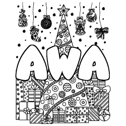 Coloriage pr&eacute;nom AWA - d&eacute;cor Sapin et Cadeaux
