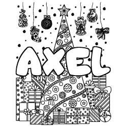 Coloriage prénom AXEL - décor Sapin et Cadeaux
