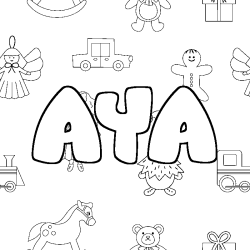 Coloriage pr&eacute;nom AYA - d&eacute;cor Jouets