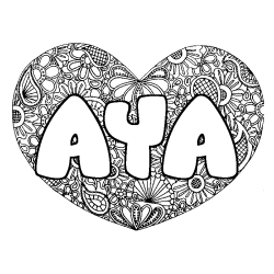 Coloriage pr&eacute;nom AYA - d&eacute;cor Mandala coeur