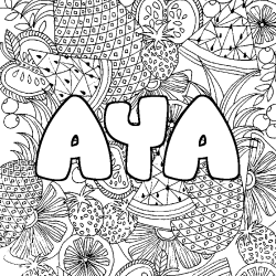 Coloriage pr&eacute;nom AYA - d&eacute;cor Mandala fruits