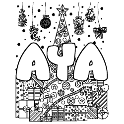 Coloriage pr&eacute;nom AYA - d&eacute;cor Sapin et Cadeaux