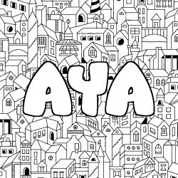 Coloriage pr&eacute;nom AYA - d&eacute;cor Ville
