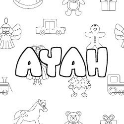 Coloriage pr&eacute;nom AYAH - d&eacute;cor Jouets