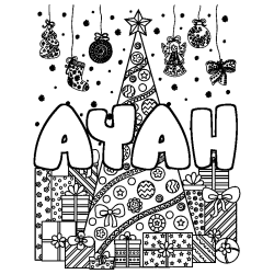 Coloriage prénom AYAH - décor Sapin et Cadeaux