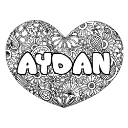 Coloriage pr&eacute;nom AYDAN - d&eacute;cor Mandala coeur