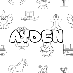 Coloriage prénom AYDEN - décor Jouets