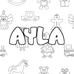 Coloriage pr&eacute;nom AYLA - d&eacute;cor Jouets