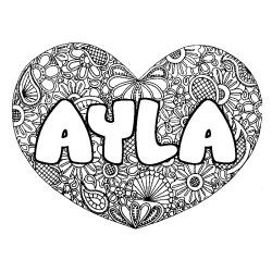 Coloriage pr&eacute;nom AYLA - d&eacute;cor Mandala coeur