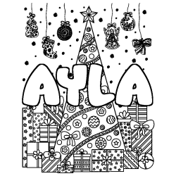 Coloriage prénom AYLA - décor Sapin et Cadeaux