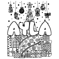 Coloriage pr&eacute;nom AYLA - d&eacute;cor Sapin et Cadeaux
