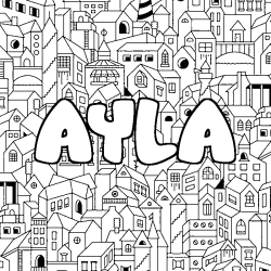 Coloriage pr&eacute;nom AYLA - d&eacute;cor Ville