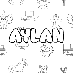 Coloriage prénom AYLAN - décor Jouets