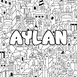Coloriage pr&eacute;nom AYLAN - d&eacute;cor Ville