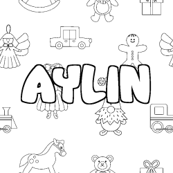 Coloriage prénom AYLIN - décor Jouets