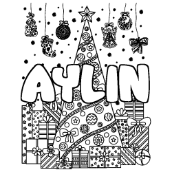 Coloriage pr&eacute;nom AYLIN - d&eacute;cor Sapin et Cadeaux