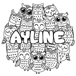 Coloriage prénom AYLINE - décor Chouettes