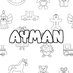Coloriage pr&eacute;nom AYMAN - d&eacute;cor Jouets