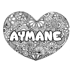 Coloriage pr&eacute;nom AYMANE - d&eacute;cor Mandala coeur