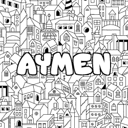 Coloriage pr&eacute;nom AYMEN - d&eacute;cor Ville