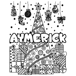 Coloriage pr&eacute;nom AYMERICK - d&eacute;cor Sapin et Cadeaux