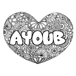 Coloriage pr&eacute;nom AYOUB - d&eacute;cor Mandala coeur