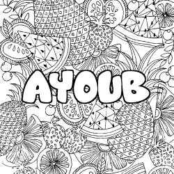 Coloriage pr&eacute;nom AYOUB - d&eacute;cor Mandala fruits