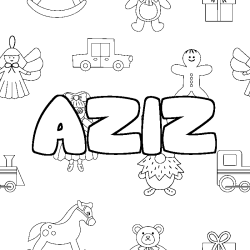Coloriage prénom AZIZ - décor Jouets