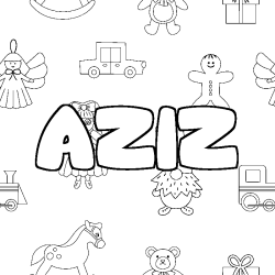 Coloriage pr&eacute;nom AZIZ - d&eacute;cor Jouets