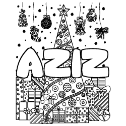 Coloriage prénom AZIZ - décor Sapin et Cadeaux