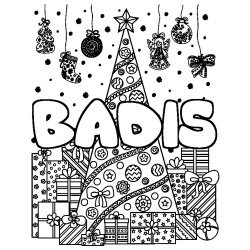Coloriage prénom BADIS - décor Sapin et Cadeaux