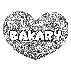 Coloriage pr&eacute;nom BAKARY - d&eacute;cor Mandala coeur