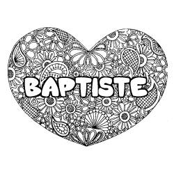 Coloriage prénom BAPTISTE - décor Mandala coeur