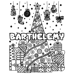 Coloriage prénom BARTHELEMY - décor Sapin et Cadeaux