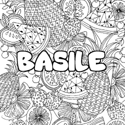 Coloriage pr&eacute;nom BASILE - d&eacute;cor Mandala fruits