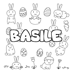 Coloriage pr&eacute;nom BASILE - d&eacute;cor Paques