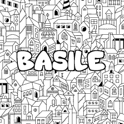 Coloriage pr&eacute;nom BASILE - d&eacute;cor Ville