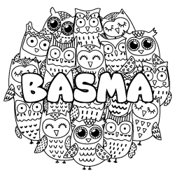 Coloriage pr&eacute;nom BASMA - d&eacute;cor Chouettes