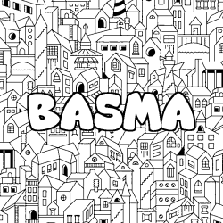 Coloriage pr&eacute;nom BASMA - d&eacute;cor Ville