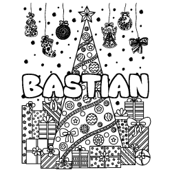 Coloriage pr&eacute;nom BASTIAN - d&eacute;cor Sapin et Cadeaux