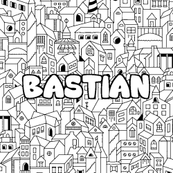 Coloriage prénom BASTIAN - décor Ville