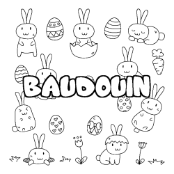 Coloriage prénom BAUDOUIN - décor Paques